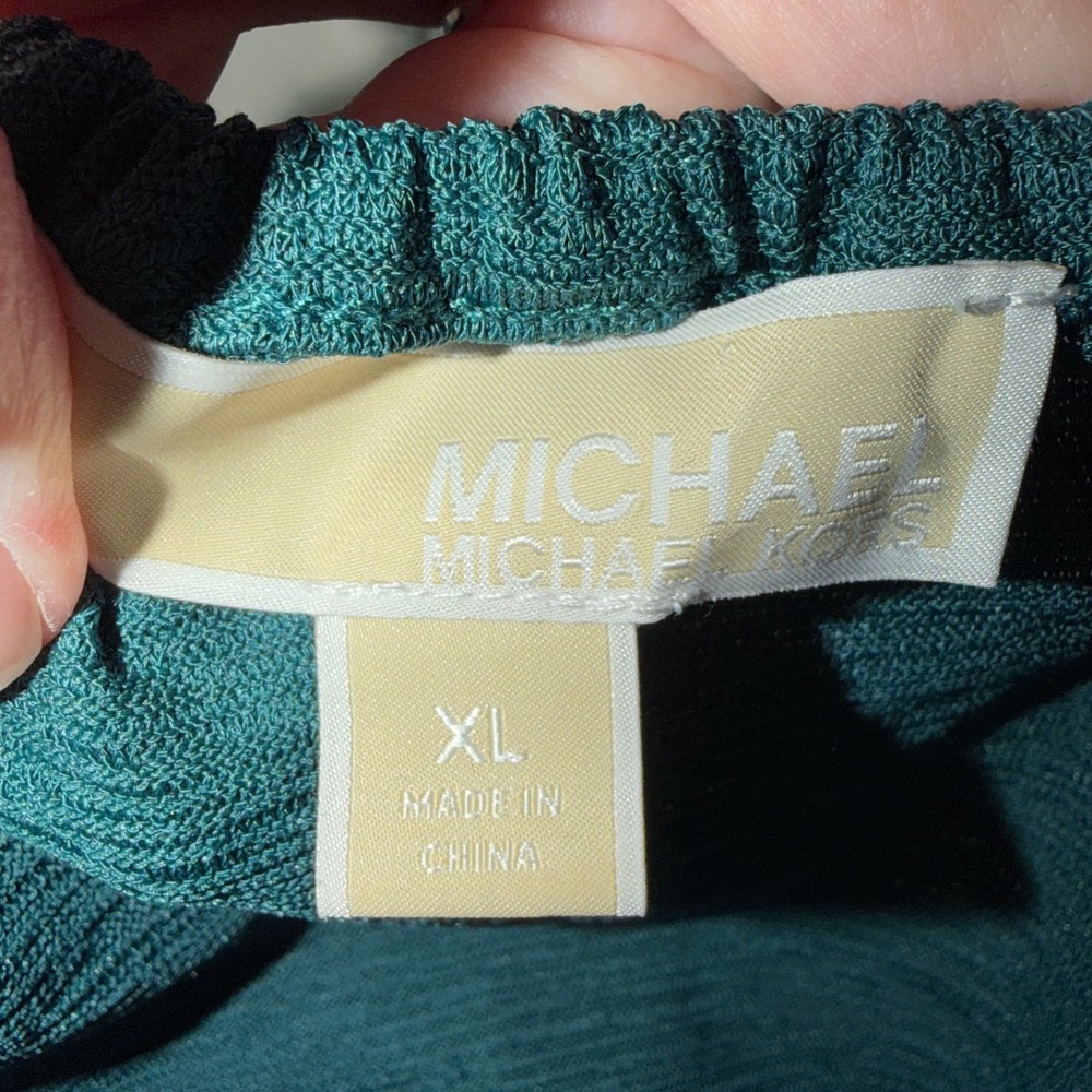 Michael Kors Teal Green Ruffle Sleeve Mini Dress Gold Ring Detail XL - Picture 3 of 4